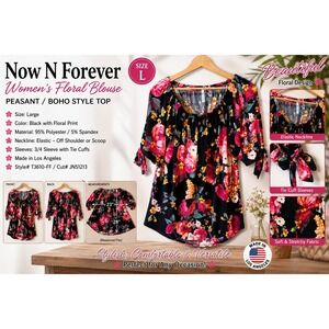 Now N Forever Floral Peasant Blouse Black Boho‎ Off Shoulder Top T3610-FF Large